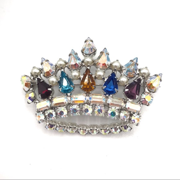 B David Vintage Crown Rhinestone Faux Pearl Multi Color Brooch Pin - Picture 5 of 8